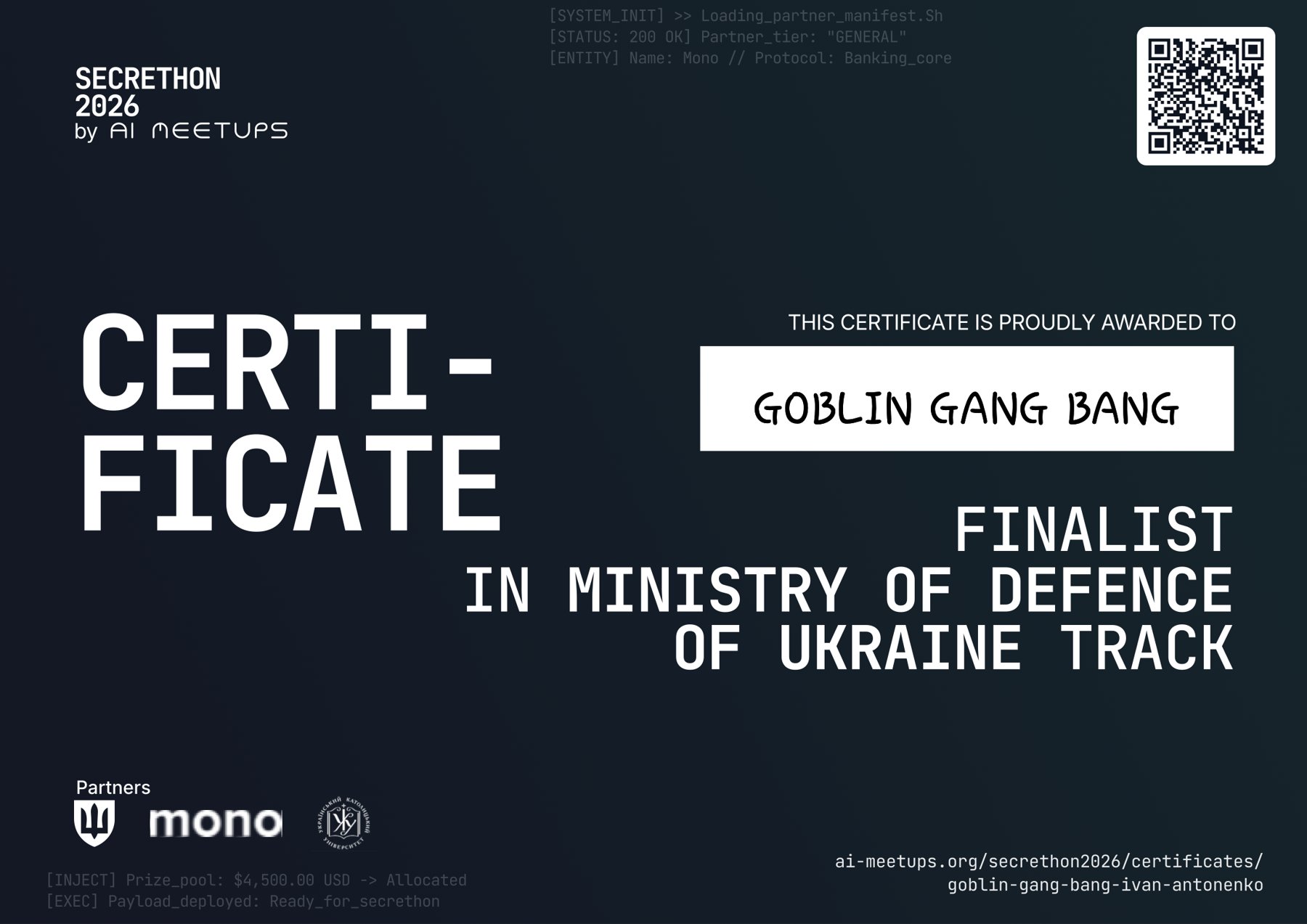 Secrethon 2026 certificate: finalist in the Ministry of Defence of Ukraine track